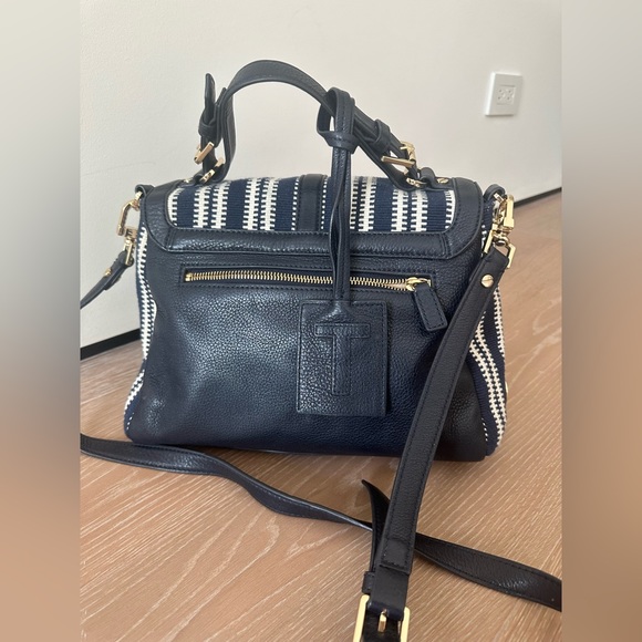 TORY BURCH Medium 797 Satchel | Navy Blue & Cream Woven Satchel - Picture 7 of 12